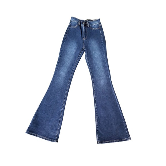 Shein Sxy Flare Leg Jeans High Waist Dark Wash Denim Pants Trendy Size S - Picture 2 of 9
